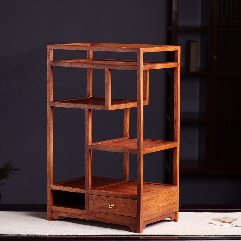 Raft de expunere din lemn de palisandru birman cu construcție mortise‑tenon, obiect decorativ pentru casă, suport pentru ceainic și cești, dulap lateral pentru ceai și depozitare