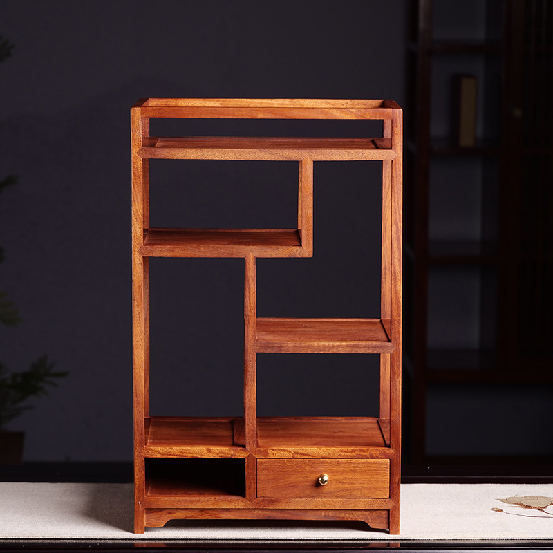 Raft de expunere din lemn de palisandru birman cu construcție mortise‑tenon, obiect decorativ pentru casă, suport pentru ceainic și cești, dulap lateral pentru ceai și depozitare