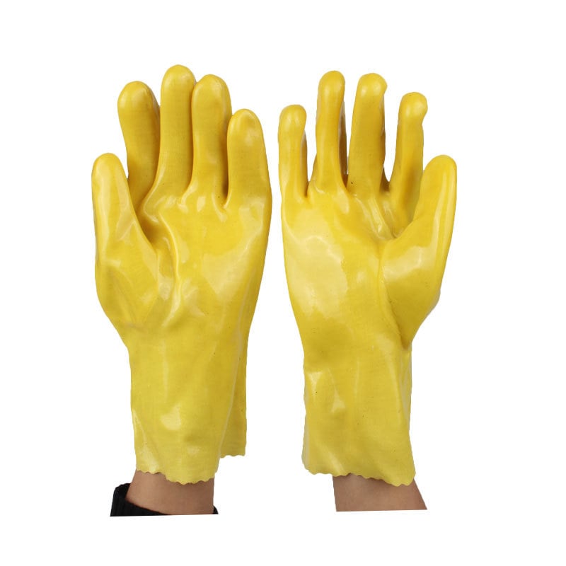 Yufeng 028 Žute industrijske PVC rukavice, 28 cm, otporne na ulje, otporne na prljavštinu, otporne na kiseline i baze, s pamukom i PVC premazane
