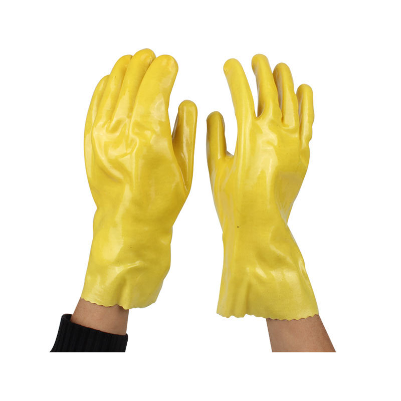 Yufeng 028 Žute industrijske PVC rukavice, 28 cm, otporne na ulje, otporne na prljavštinu, otporne na kiseline i baze, s pamukom i PVC premazane