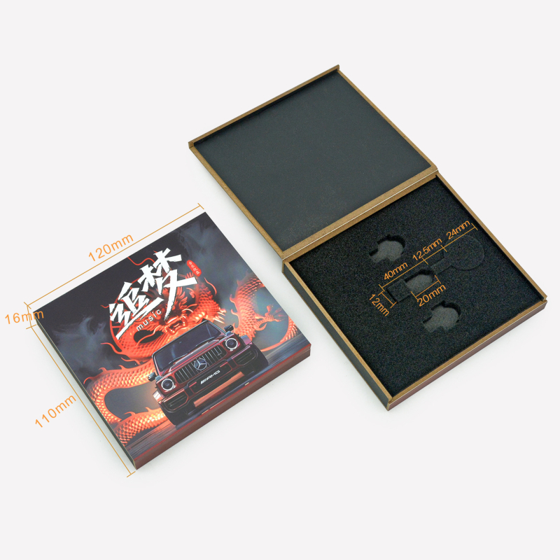 2025 Нова луксозна опаковка за USB флаш памет за автомобилно аудио в дървена кутия с капак, който се отваря