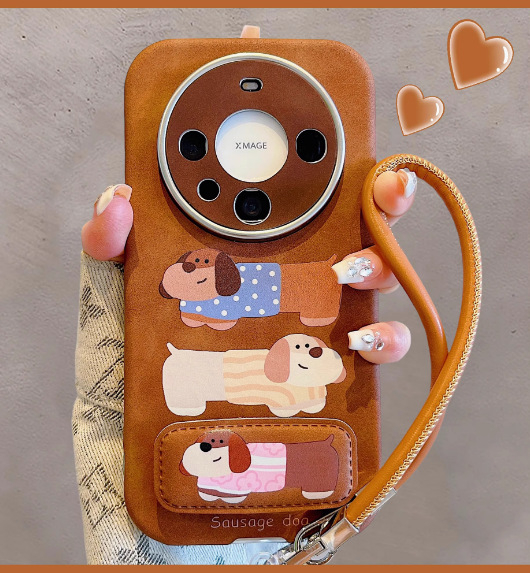 Kućna maska s tri dachshund crteža za iPhone 11–14 i Pro Max, smeđa, TPU