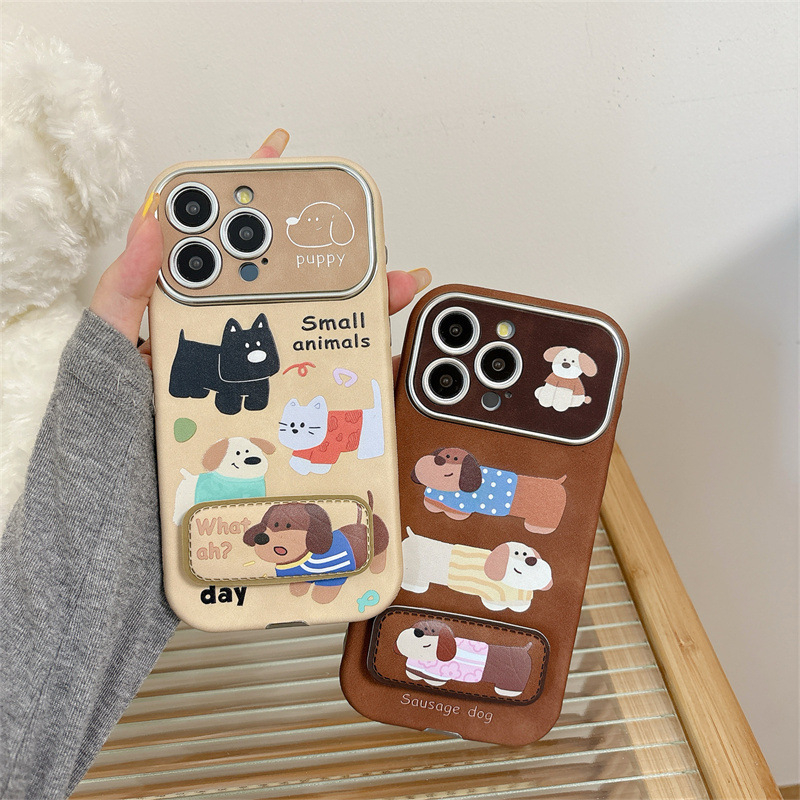Kućna maska s tri dachshund crteža za iPhone 11–14 i Pro Max, smeđa, TPU