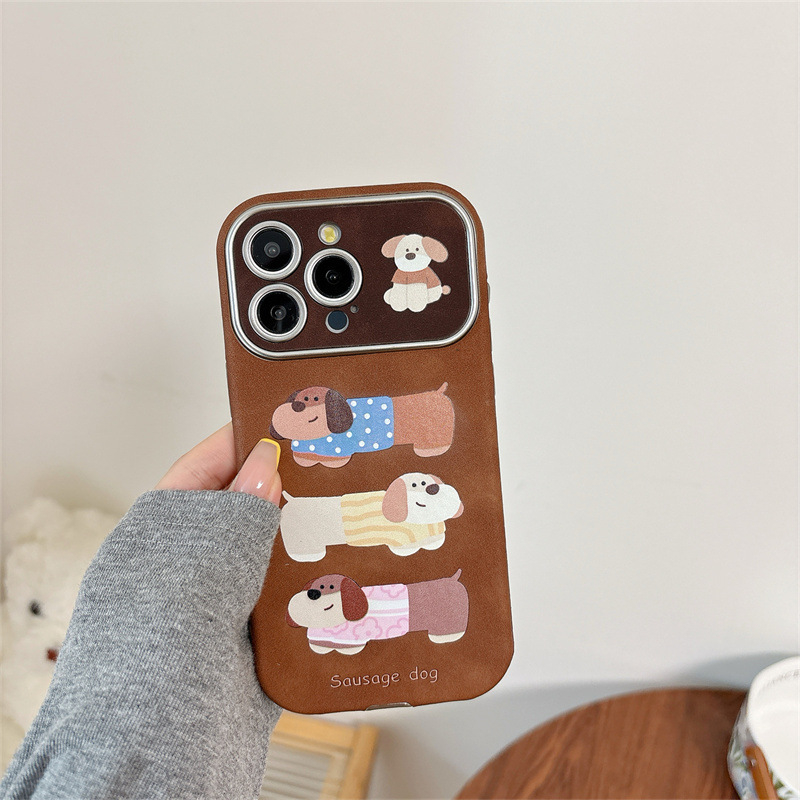 Kućna maska s tri dachshund crteža za iPhone 11–14 i Pro Max, smeđa, TPU