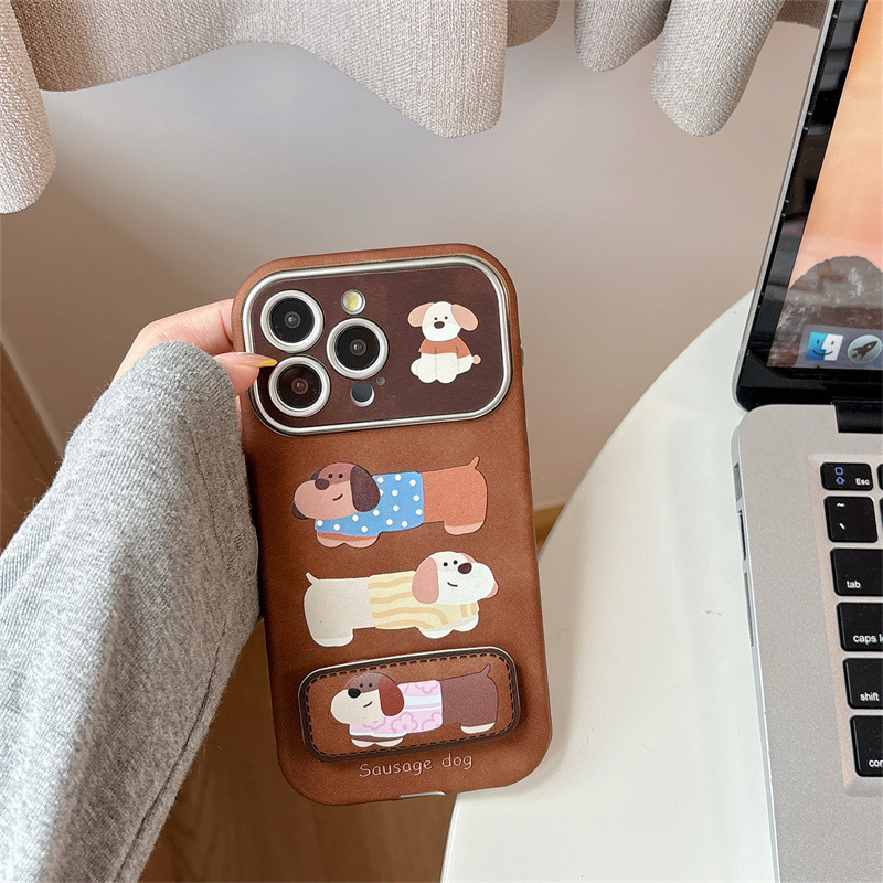 Kućna maska s tri dachshund crteža za iPhone 11–14 i Pro Max, smeđa, TPU