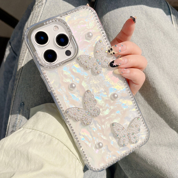 Kućište za iPhone 17 u školjkastom stilu s teksturom perja i pijeska, 3D perle i kristali, zaštita od pada