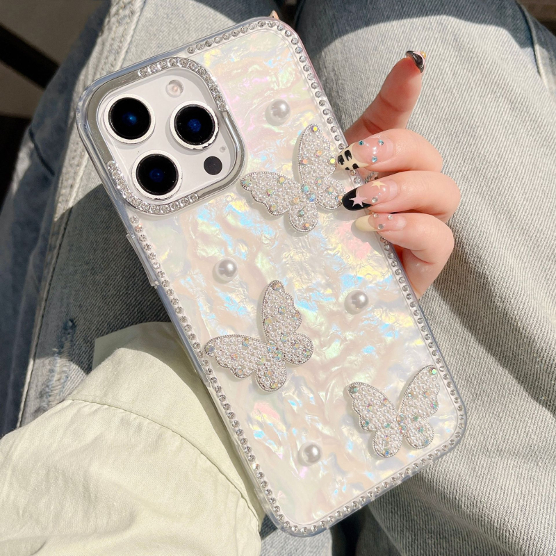 Kućište za iPhone 17 u školjkastom stilu s teksturom perja i pijeska, 3D perle i kristali, zaštita od pada