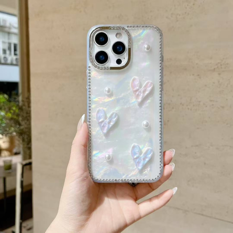 Kućište za iPhone 17 u školjkastom stilu s teksturom perja i pijeska, 3D perle i kristali, zaštita od pada