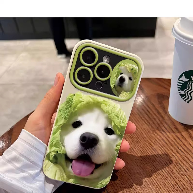 Cute Cai Dog nova silikonska maska s velikim prozorom, integrirana za iPhone 15 Pro Max — crtani stil, minimalistički
