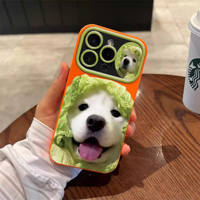 Cute Cai Dog nova silikonska maska s velikim prozorom, integrirana za iPhone 15 Pro Max — crtani stil, minimalistički