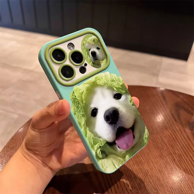 Cute Cai Dog nova silikonska maska s velikim prozorom, integrirana za iPhone 15 Pro Max — crtani stil, minimalistički