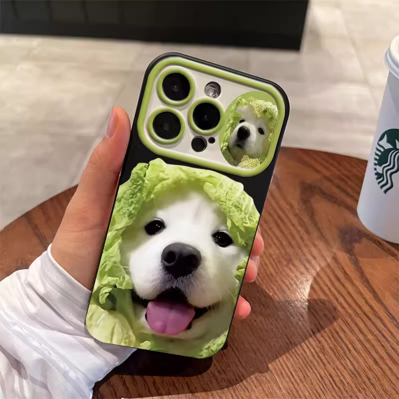 Cute Cai Dog nova silikonska maska s velikim prozorom, integrirana za iPhone 15 Pro Max — crtani stil, minimalistički