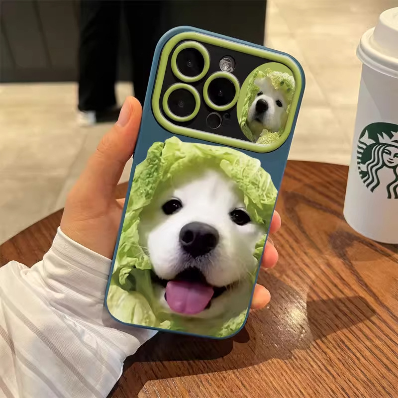 Cute Cai Dog nova silikonska maska s velikim prozorom, integrirana za iPhone 15 Pro Max — crtani stil, minimalistički