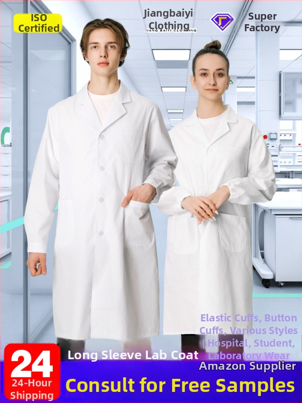 Fehér hosszú ujjú laboratóriumi köpeny nyomtatott logóval