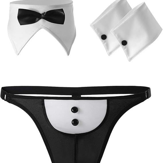 Muški set donjeg rublja s leptir mašnom za scenski kostim, kostim sobarice, thong, 3-djelni set