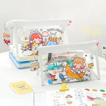 Penar transparent cu desene animate, stil japonez, capacitate mare, pentru elevi, 20x12.5x8 cm