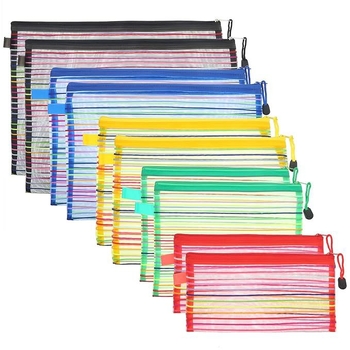 Organizator multicolor din plasă respirantă, cu fermoar transparent, pentru documente și creioane
