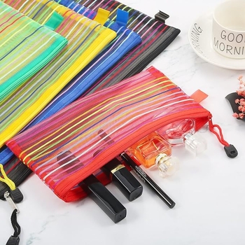 Organizator multicolor din plasă respirantă, cu fermoar transparent, pentru documente și creioane