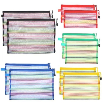 Organizator multicolor din plasă respirantă, cu fermoar transparent, pentru documente și creioane