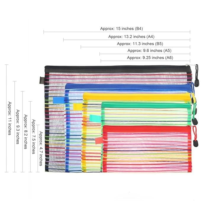 Organizator multicolor din plasă respirantă, cu fermoar transparent, pentru documente și creioane