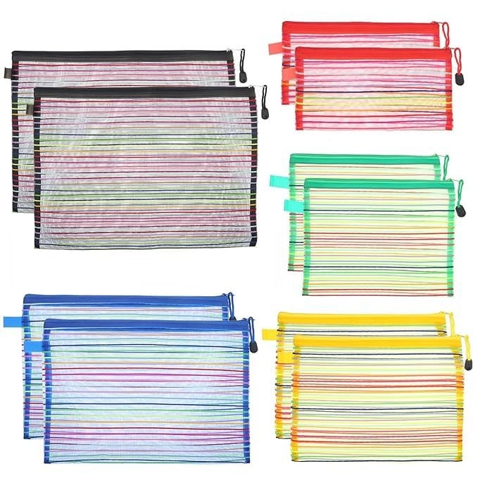 Organizator multicolor din plasă respirantă, cu fermoar transparent, pentru documente și creioane