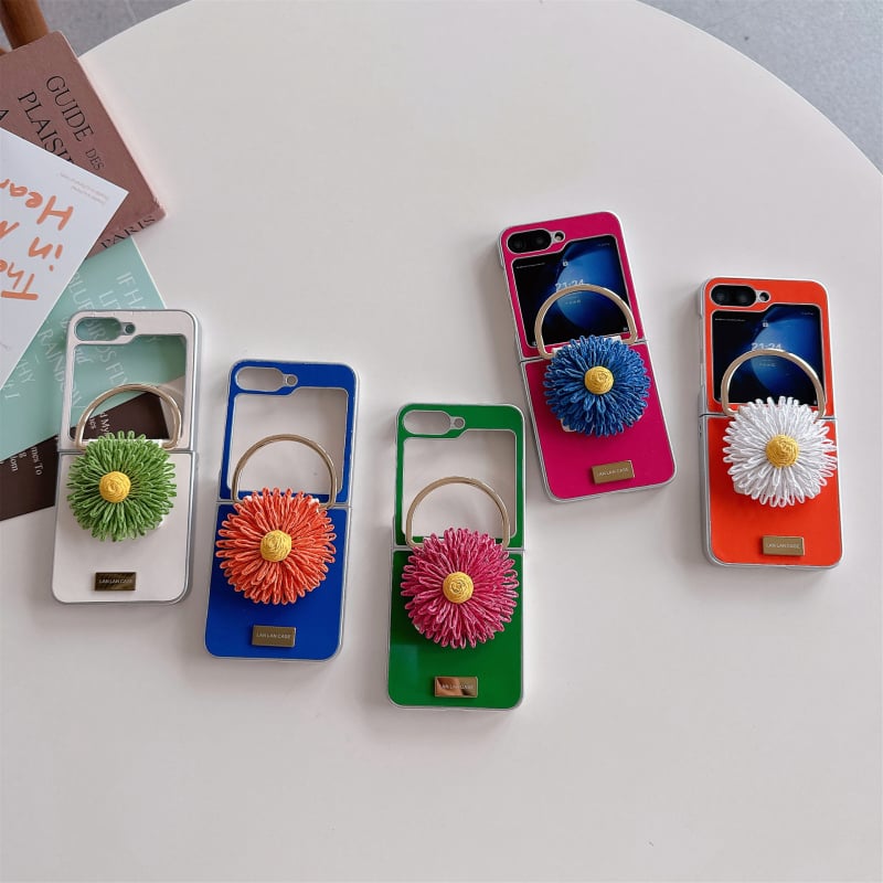 Carcasă spate din piele și metal pentru Samsung Galaxy Z Flip 4/5/6, cataramă metalică în formă de floare, protecție anti-cădere
