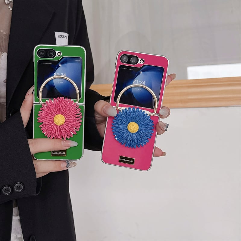 Carcasă spate din piele și metal pentru Samsung Galaxy Z Flip 4/5/6, cataramă metalică în formă de floare, protecție anti-cădere