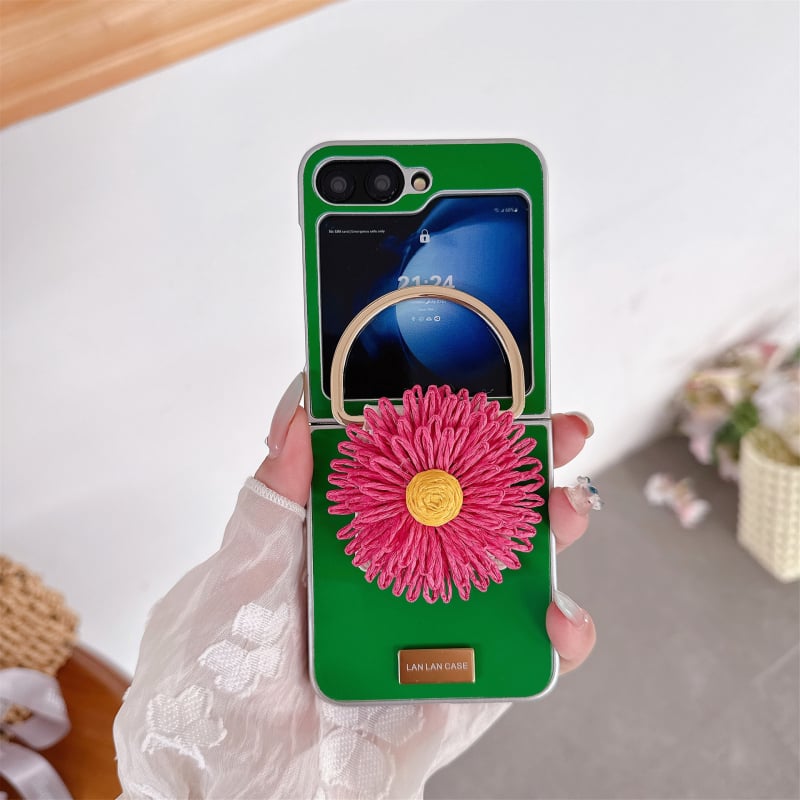 Carcasă spate din piele și metal pentru Samsung Galaxy Z Flip 4/5/6, cataramă metalică în formă de floare, protecție anti-cădere