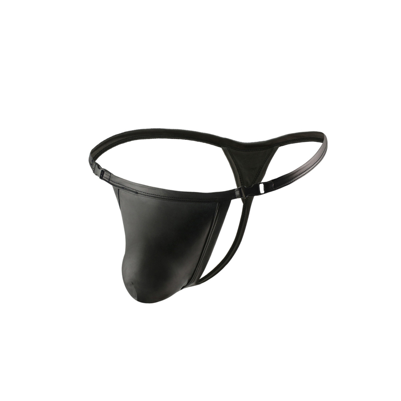 CLEVER-MENMODE Tanga pentru bărbați din piele artificială, talie joasă, cu cataramă, stil bikini T-pant