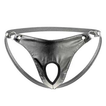 Muški seksi thong donji dio – lažni kožni izgled, prednji otvor, zatvarač, tanak uže, model G413