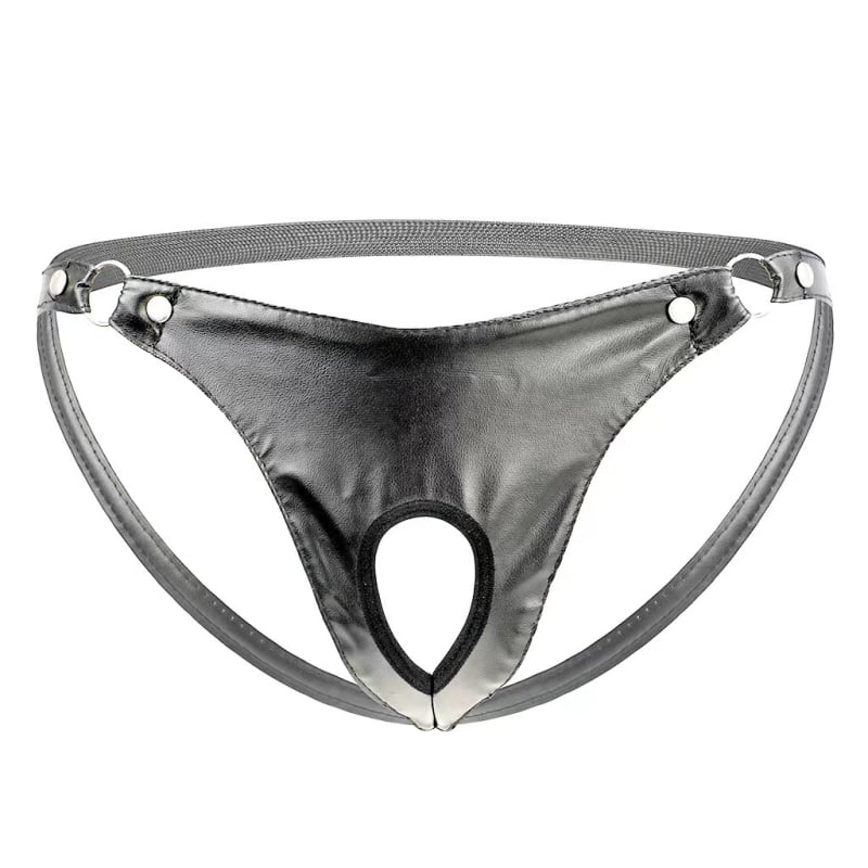 Muški seksi thong donji dio – lažni kožni izgled, prednji otvor, zatvarač, tanak uže, model G413