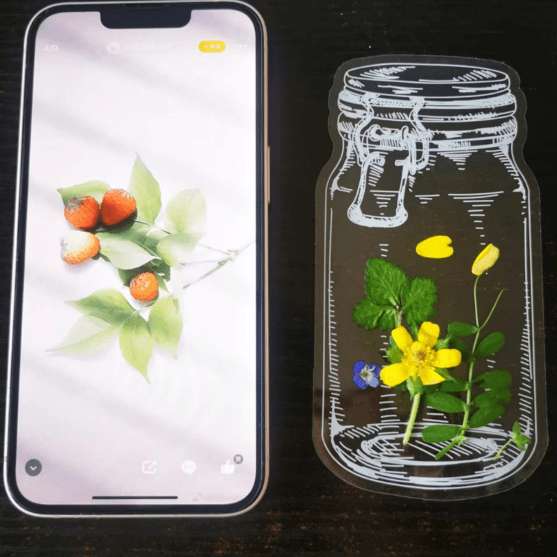 Dimensiune mare: Primăvara în sticluță — Autocolante transparente DIY pentru artă din frunze pentru copii și semne de carte cu flori uscate