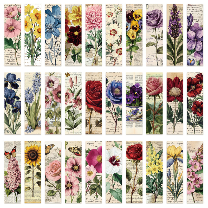 30 de semne de carte cu flori retro – DIY pătrate din hârtie, colorate, pentru lectură și notițe