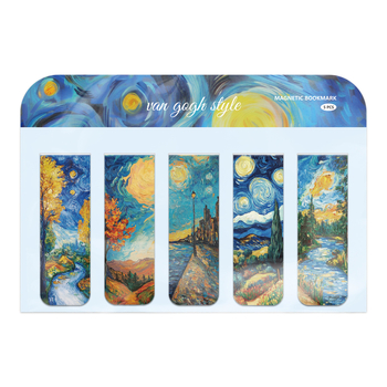 Set de cinci clipuri elegante pentru pagini de carte cu marcaje magnetice inspirate de peisaje Van Gogh, pentru lectură creativă – cadou pentru elevi