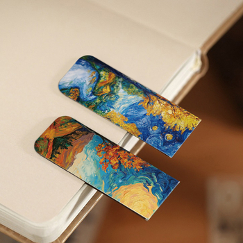 Set de cinci clipuri elegante pentru pagini de carte cu marcaje magnetice inspirate de peisaje Van Gogh, pentru lectură creativă – cadou pentru elevi