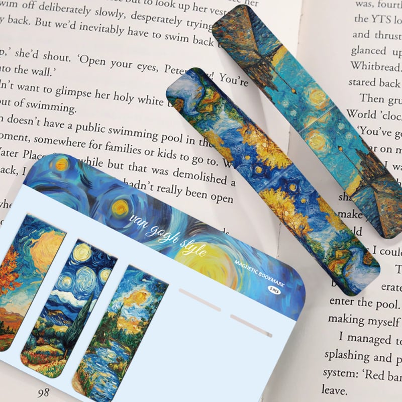Set de cinci clipuri elegante pentru pagini de carte cu marcaje magnetice inspirate de peisaje Van Gogh, pentru lectură creativă – cadou pentru elevi