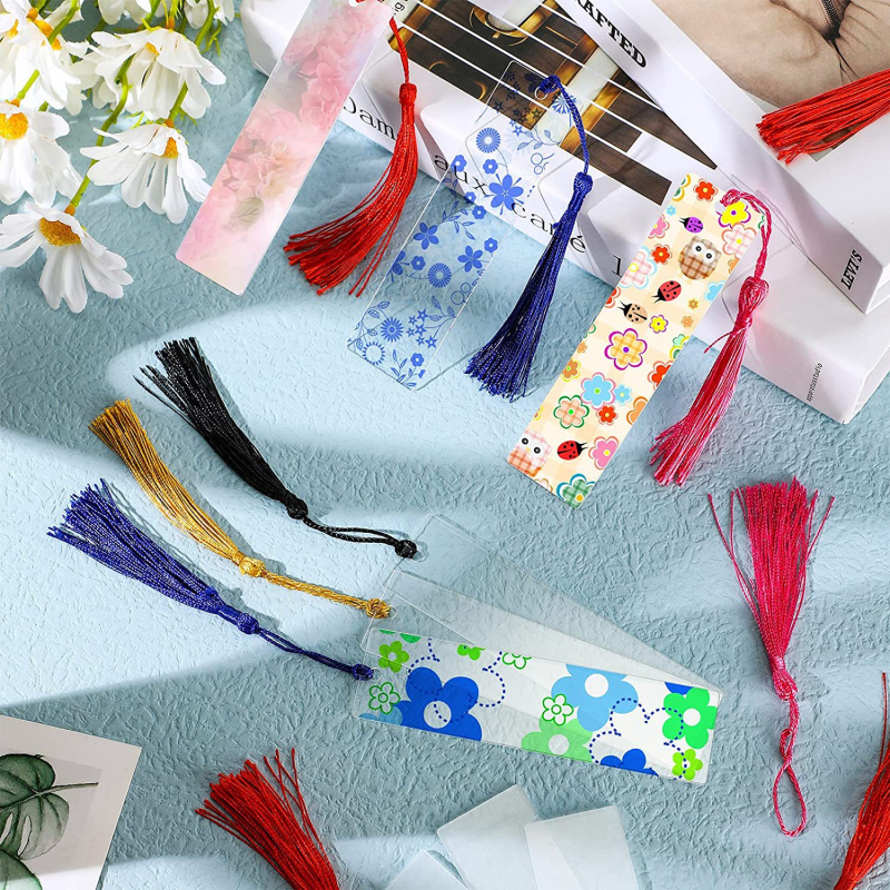 Semn de carte din acrilic DIY set cu bucăți dreptunghiulare neterminate, ciucuri colorate pentru etichete atârnate