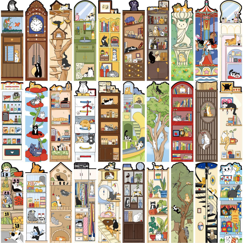 Seria de 30 semne de carte cu viața pisicii – semne de carte din hârtie pentru jurnale, materiale DIY artistice