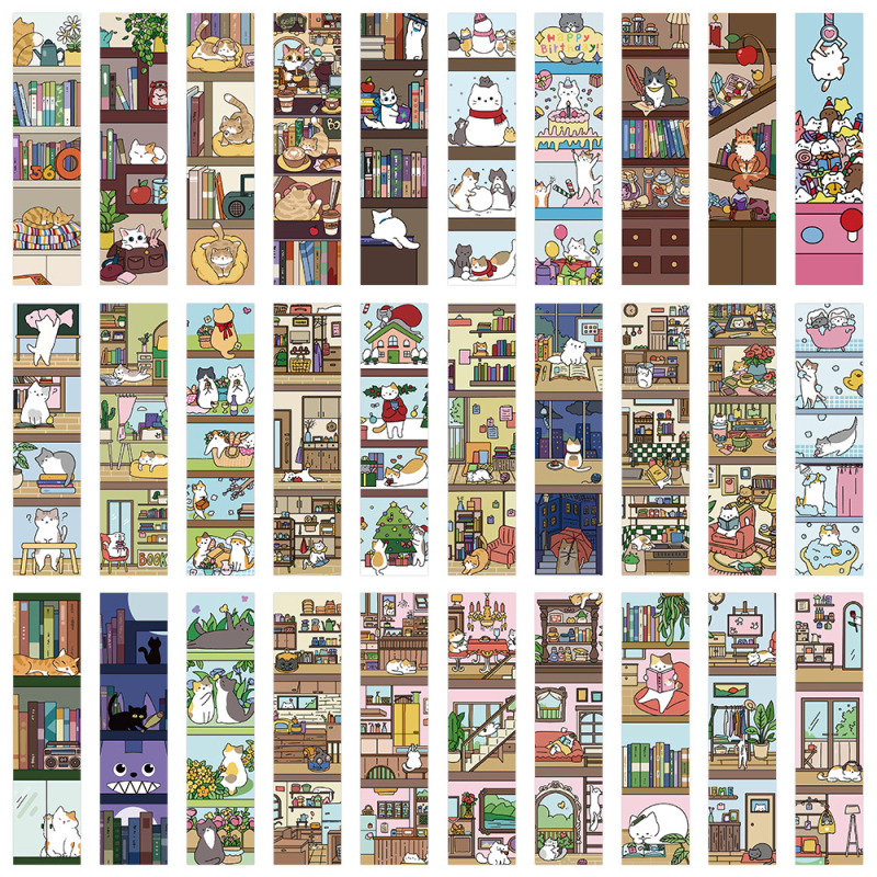 Set de 30 semne de carte cu pisici și raft de cărți – stil desenat drăguț, pentru elevi, decor pentru paginile manualelor, semne de citire