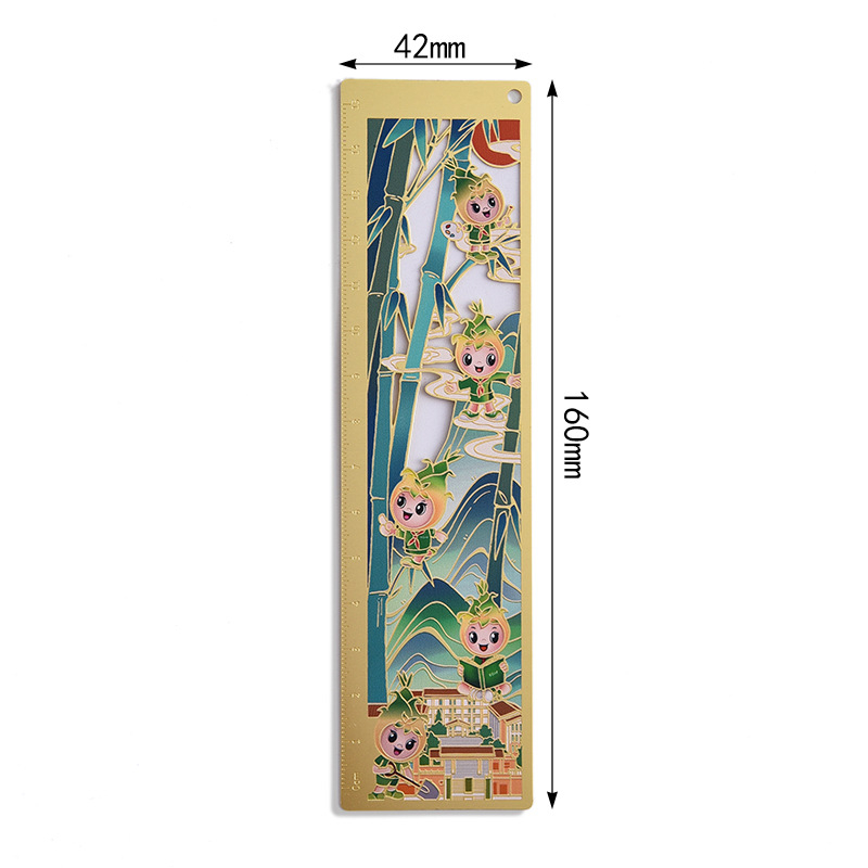 Semn de carte metalic cu design cartoon în stil chinezesc, din bambus, riglă, suport pentru pagini – pentru elevi