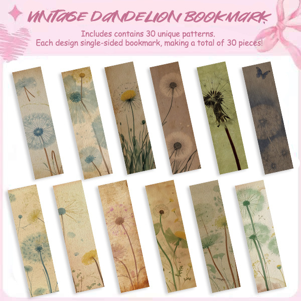 30 semne de carte cu dandelion retro – pentru iubitorii de lectură, cadou și papetărie creativă