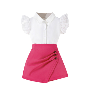 Dječji ljetni dvodijelni set: bluza s reverom i čipkom te asimetrična suknja-šorts