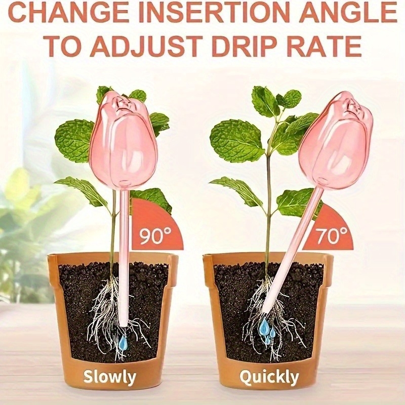 Dispozitiv plastic de udare cu irigare prin picurare, în formă de lalea, pentru plante de interior