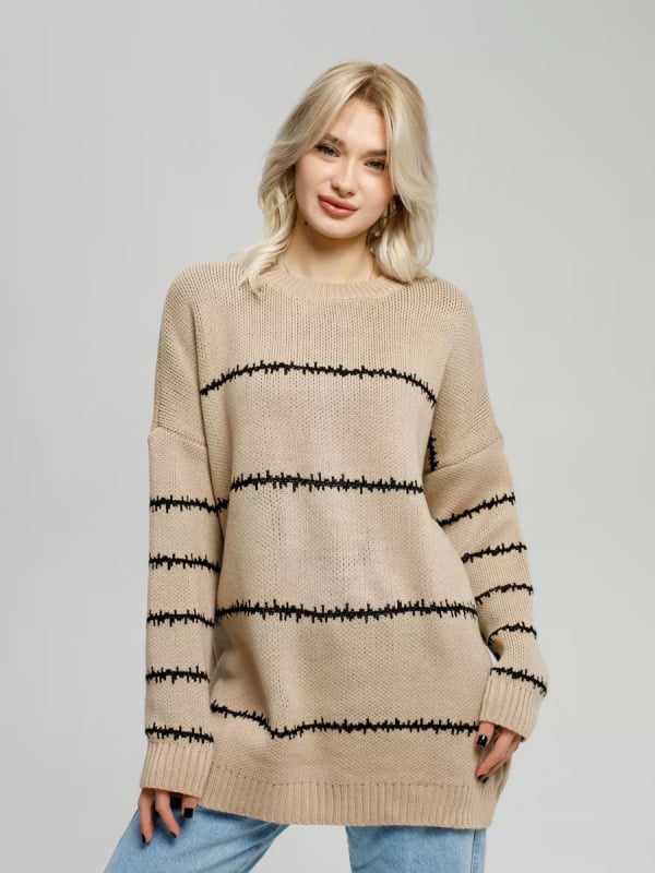 Πλεκτό πουλόβερ oversized με ρίγες, πολυεστέρας, για φθινόπωρο και χειμώνα