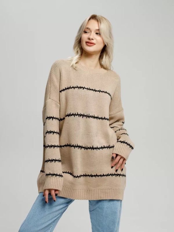 Πλεκτό πουλόβερ oversized με ρίγες, πολυεστέρας, για φθινόπωρο και χειμώνα
