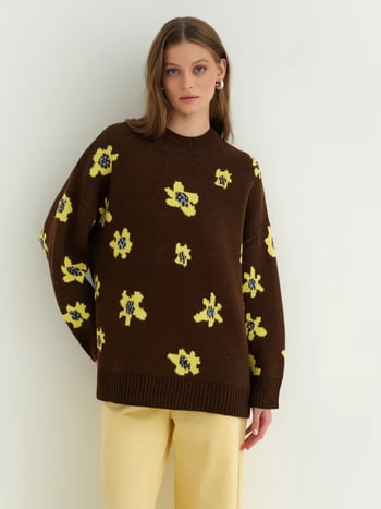 Γυναικείος oversized πλεκτός πουλόβερ με φλοράλ μοτίβο, πολυεστέρας, στρογγυλός λαιμός, μακριά μανίκια