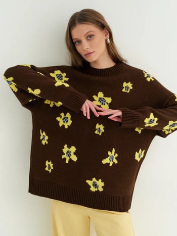 Γυναικείος oversized πλεκτός πουλόβερ με φλοράλ μοτίβο, πολυεστέρας, στρογγυλός λαιμός, μακριά μανίκια