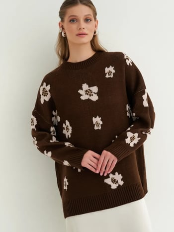 Γυναικείος oversized πλεκτός πουλόβερ με φλοράλ μοτίβο, πολυεστέρας, στρογγυλός λαιμός, μακριά μανίκια