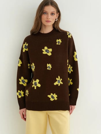 Γυναικείος oversized πλεκτός πουλόβερ με φλοράλ μοτίβο, πολυεστέρας, στρογγυλός λαιμός, μακριά μανίκια