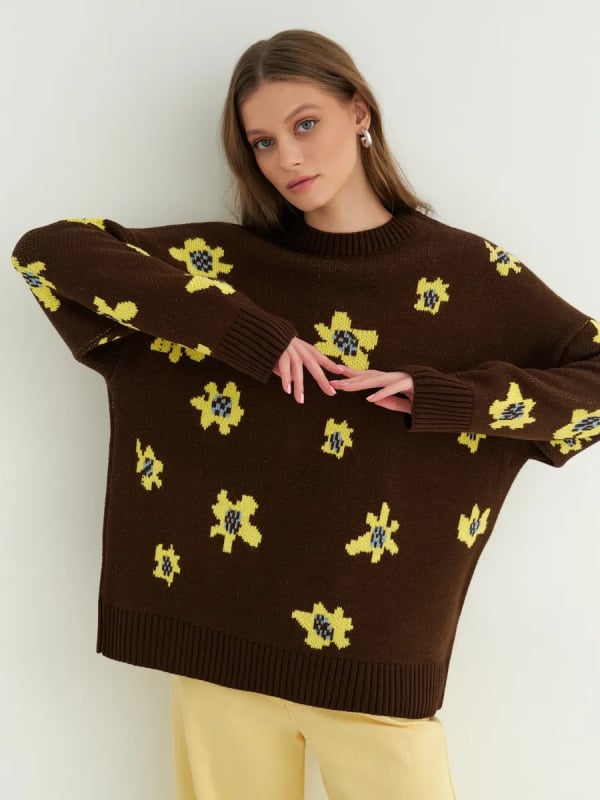 Γυναικείος oversized πλεκτός πουλόβερ με φλοράλ μοτίβο, πολυεστέρας, στρογγυλός λαιμός, μακριά μανίκια